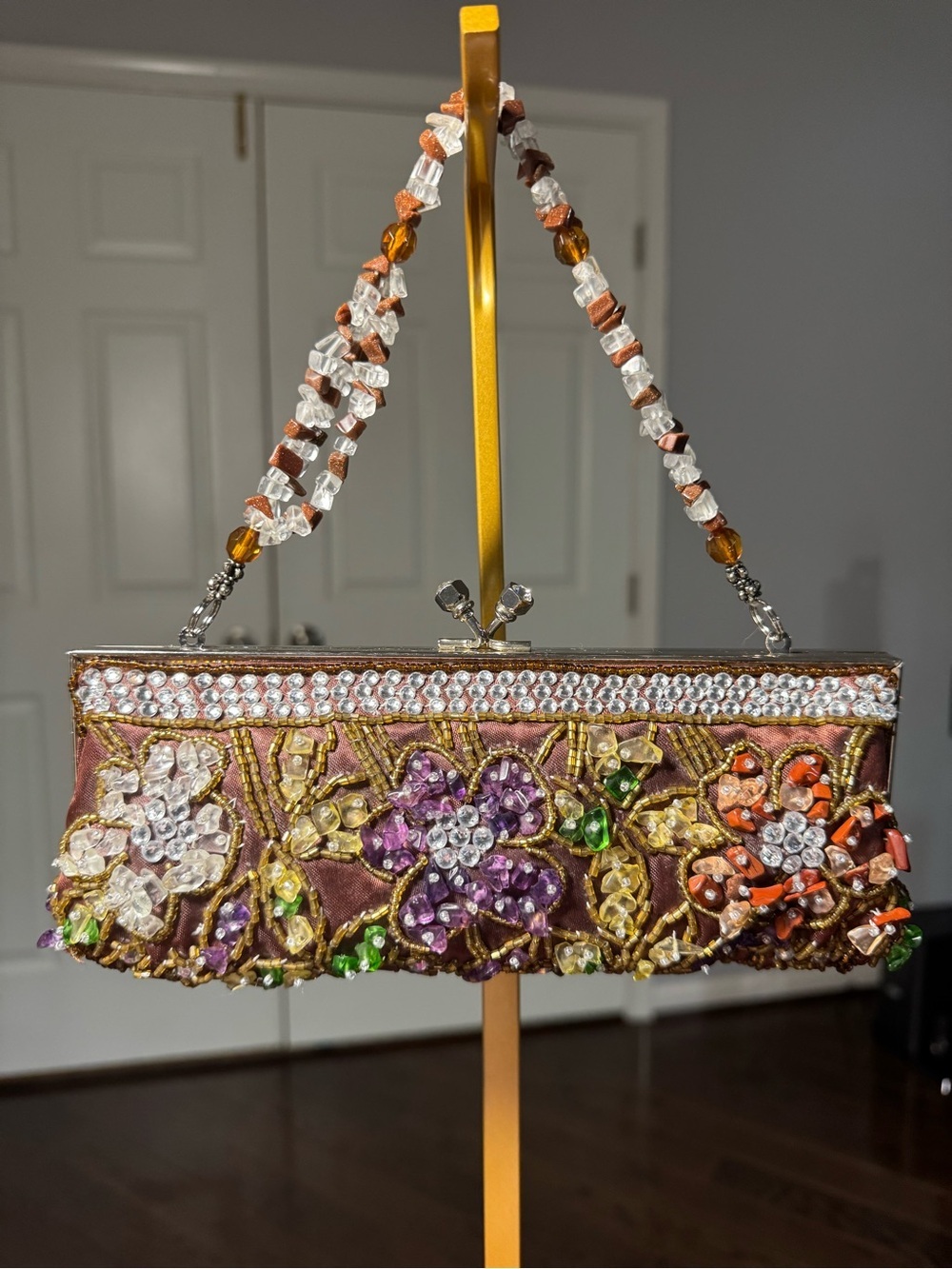 Vtg Hand Beaded Gemstone Chip Floral Evening Bag Clutch - Picture 2 of 2